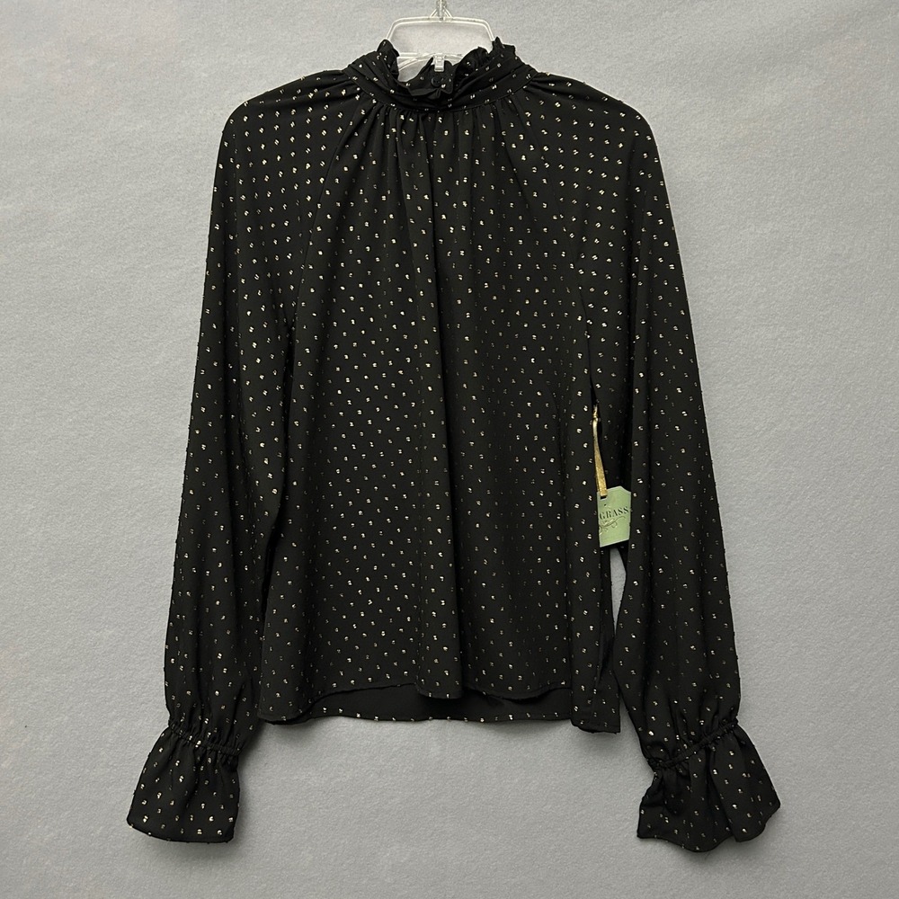 Ryegrass Blouse Women Large Black Gold Metallic Clip Dot Ruffle Neck New